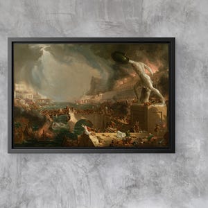 May include: A painting depicting a chaotic scene of a city in ruins. A large, white figure with a shield stands on a building, overlooking the destruction. The sky is filled with dark clouds and lightning.