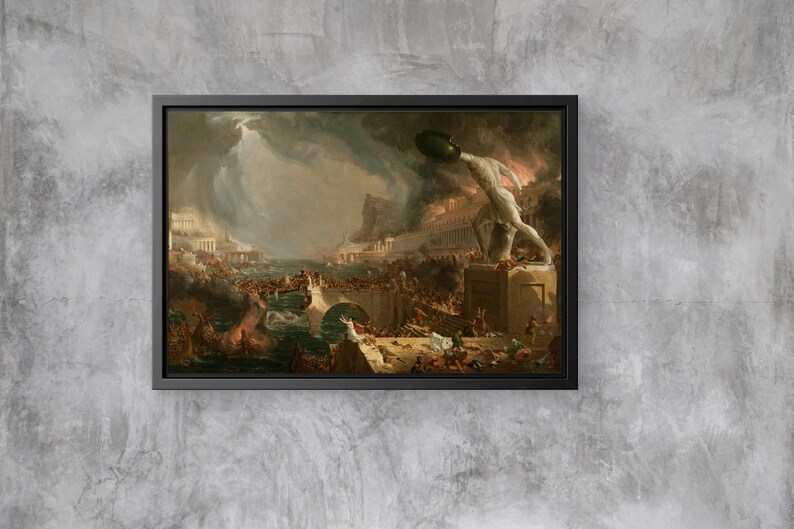 May include: A painting depicting a chaotic scene of a city in ruins. A large, white figure with a shield stands on a building, overlooking the destruction. The sky is filled with dark clouds and lightning.