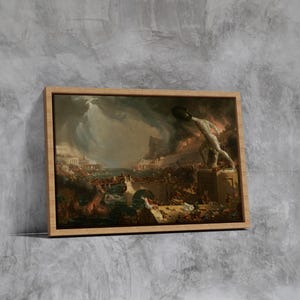 May include: A framed painting depicting a dramatic scene of chaos and destruction. A large figure stands atop a crumbling structure, while smaller figures scramble for safety below. The painting is set against a stormy sky with dark clouds.