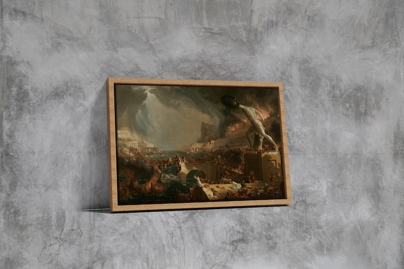 May include: A framed painting depicting a dramatic scene of chaos and destruction. A large figure stands atop a crumbling structure, while smaller figures scramble for safety below. The painting is set against a stormy sky with dark clouds.