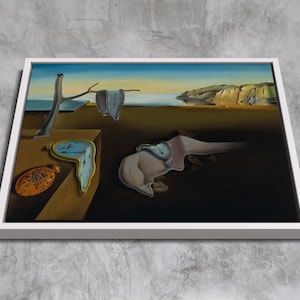 Trwałość pamięci Salvadora Dalí, kultowe płótno surrealistyczne, sztuka ścienna z roztapiającymi się zegarami, oniryczny wydruk w ramie do ponadczasowego wystroju