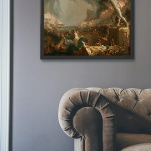 May include: A painting depicting a dramatic scene of chaos and destruction. A large, muscular figure stands on a platform, holding a shield and looking down at the scene below. The city is in ruins, with buildings burning and people fleeing in terror. The sky is dark and stormy, with lightning flashing in the distance.