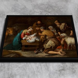 Adoration of the Shepherds (1650) by Bartolome Esteban Murillo | Religious Framed Canvas Wall Decor