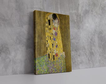 De kus (1907-1908) door Gustav Klimt | Ingelijste canvas muurkunst | Art Nouveau-meesterwerk | Zwevende lijst en lijstopties, klaar om op te hangen