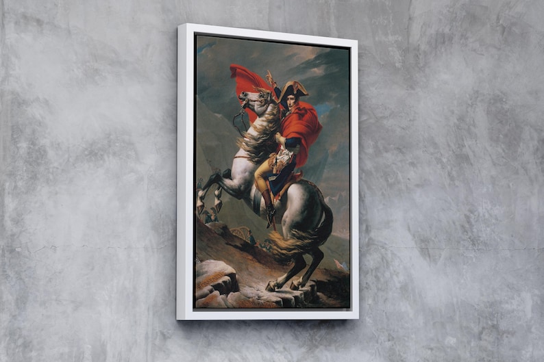 May include: A painting of a man on horseback, wearing a red cloak and a bicorne hat. The horse is white with a black mane and tail. The background is a mountainous landscape.