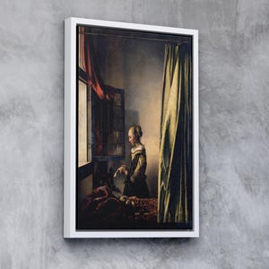 Niña leyendo una carta en una ventana abierta (1650) de Johannes Vermeer / Decoración de pared en lienzo enmarcado y reproducción premium