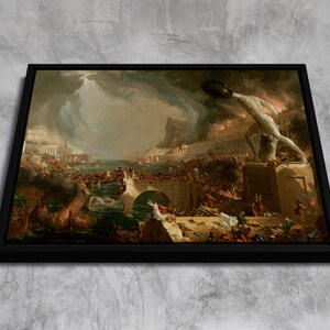 May include: A painting depicting a chaotic scene of people fleeing a city in ruins. The sky is filled with dark clouds and a bright light shines down. A large figure with a sword stands on a platform, looking down at the scene.
