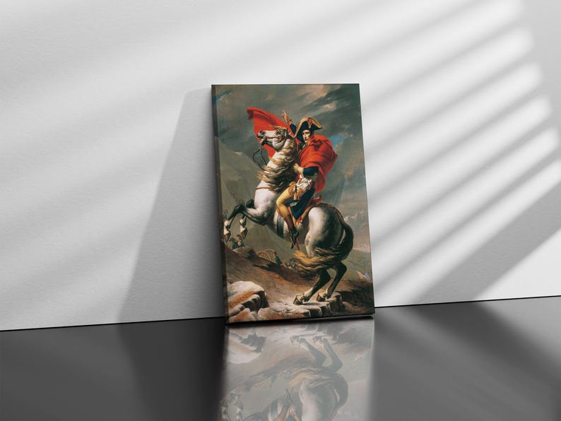 May include: A painting of a man on horseback, riding through a mountainous landscape. The man is wearing a red and white uniform and a bicorne hat. The horse is white with a brown mane and tail.