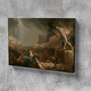 May include: A painting depicting a chaotic scene of people fleeing a city in ruins. A large, white figure with a shield stands on a platform, looking down at the fleeing crowd. The painting is filled with dramatic movement and emotion.