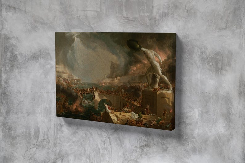May include: A painting depicting a chaotic scene of people fleeing a city in ruins. A large, white figure with a shield stands on a platform, looking down at the fleeing crowd. The painting is filled with dramatic movement and emotion.