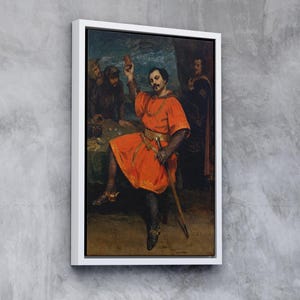 Puede incluir: Una pintura de un hombre con un traje rojo y dorado sosteniendo una copa de vino. Está rodeado de otros dos hombres, uno de los cuales sostiene un instrumento musical. La pintura está ambientada en una habitación oscura y sombría.
