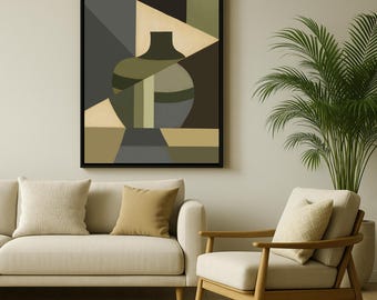 Organic Modern Wall Art, Geometric Abstract Olive Green Canvas Print, Contemporary Natural Home Decor