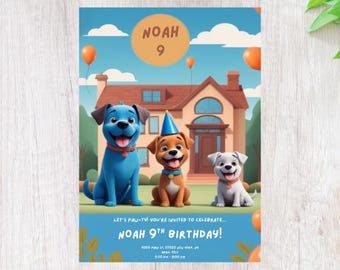 Modèle d'invitation d'anniversaire de chien bleu : conception sur toile modifiable (téléchargement numérique)