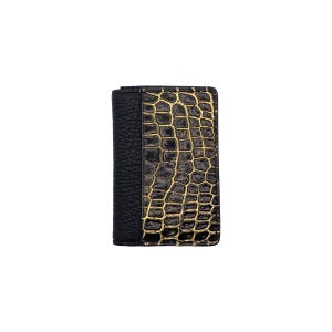 Portefeuille en cuir croco noir avec bords dorés - Design luxueux fabriqué à la main