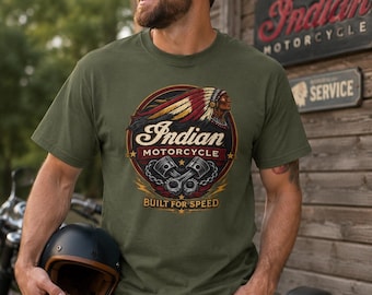 T-shirt moto vert militaire, style motard vintage, t-shirt graphique moto homme, cadeau rétro pour motard, t-shirt en coton épais