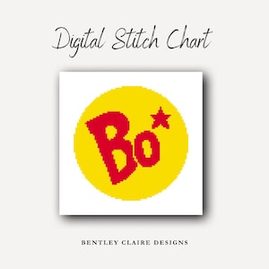 May include: A digital cross stitch pattern featuring a yellow circle with a red "Bo*" logo inside. The pattern is for a cross stitch project.
