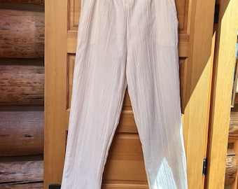 Vintage 80s Womens Sz 16 White Textured Elastic High Waist Pull On Pants Granny