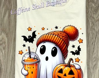 Cute ghost, cute Halloween shirt, dead inside but it’s Halloween, pumpkin spice, orange drink, pumpkin, jackolantern, ghost in a beanie hat