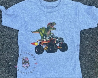 Dino’s and monster trucks, Dino shirt, boys who love monster trucks, flaking monster truck, Dino in sunglasses