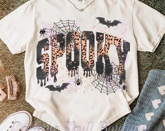 Spooky, spooky shirt, spider webs, bats, Halloween, leopard print, spooky cheetah font, spooky vibes, fall vibes