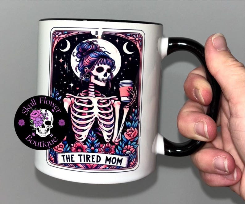 Skeleton mom mug, Tired mom mug, caffeine mom mug, custom Tera card mug, cute skeleton mom mug image 4