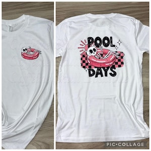 Días de piscina, tiempo en la piscina, camiseta de piscina, esqueleto en un flotador de piscina, flotador de piscina rosa, linda camiseta de piscina, vibraciones de verano, días calurosos de verano, camiseta de verano