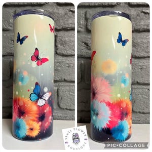 Mooie vlinderbeker, op maat gemaakte sublimatiebeker, mooie vlinders, kleurenplons, kleurrijke bloemen, paardebloemen, prachtige vlinderbeker