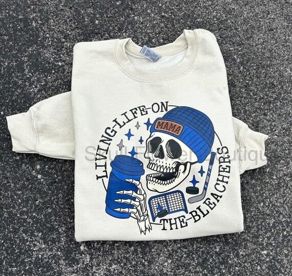 Hockey mom life sweatshirt, hockey mom shirt, hockey mama, hockey mom skull, living on the bleachers, blue hockey mom skull