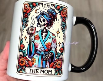 The mom tarot card mug, mom tarot card, coffee mom, coffee lover, mom gift, mom mug, mom in a robe tarot card, skeleton mom, skeleton mug,