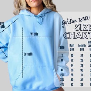 May include: A light blue hoodie with a size chart. The chart shows bust, length, and sleeve measurements in inches for sizes S to 4XL. The hoodie has a drawstring hood and a front pocket.