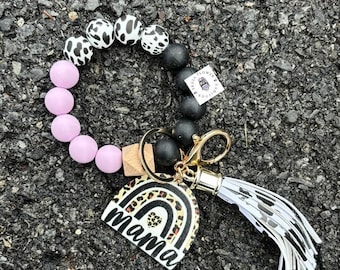 Mama keychain with rainbow, Cow print beads, silicone bead keychain, wristlet, beaded wristlet, cow, mom life, mom gift, Mother’s Day gift