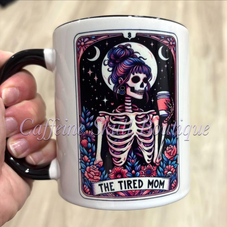 Skeleton mom mug, Tired mom mug, caffeine mom mug, custom Tera card mug, cute skeleton mom mug image 7