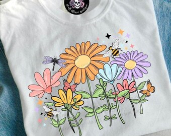 Spring is in the air, spring time shirt, cute spring shirt, cute flowers t shirt, cute floral tee, bees, purple dragonflies