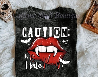 Caution I bite, red lips, vampire mouth, vampire fangs, spooky Halloween shirt, I bite, stay back I bite, blood drip lips