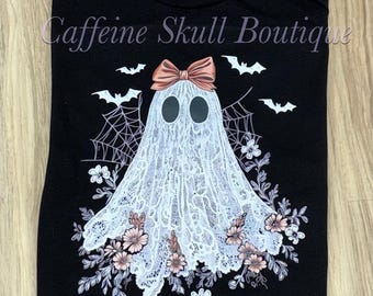 Lace ghost Halloween shirt, cute lace ghost, floral ghost, cute Halloween shirt, spooky shirt, ghost with a bow