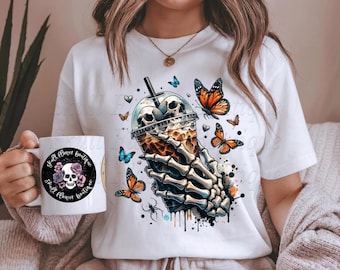 Koffieshirt met schedel, cafeïnehoudend skelet, dood van binnen maar cafeïnehoudend, spookachtig koffieshirt koffieliefhebber, stoer koffieshirt