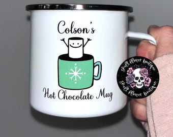 Cute hot cocoa metal mug, custom metal mug, hot chocolate mug, custom name mug, metal mugs, custom hot cocoa mug, custom kids mug