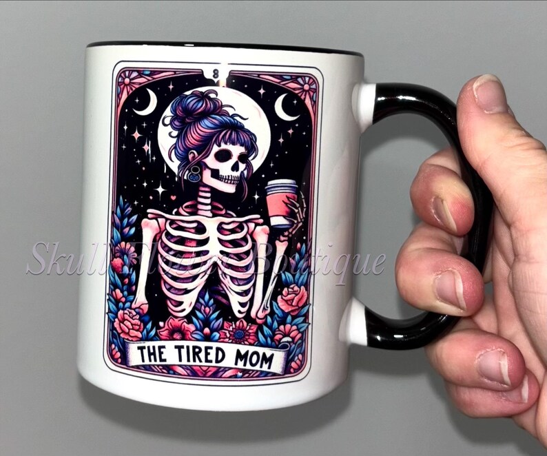 Skeleton mom mug, Tired mom mug, caffeine mom mug, custom Tera card mug, cute skeleton mom mug image 1