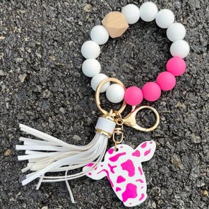 Cow print keychain, silicone bead keychain, wristlet, beaded wristlet, cow  life, cow lover cow print keychain