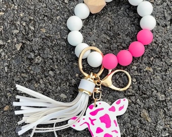 Cow print keychain, silicone bead keychain, wristlet, beaded wristlet, cow  life, cow lover cow print keychain