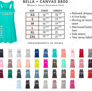 Puede incluir: Una camiseta sin mangas de espalda nadadora turquesa con una tabla de tallas y opciones de color. La tabla muestra las medidas de pecho y largo en pulgadas. La camiseta sin mangas tiene un ajuste holgado y un corte en A.