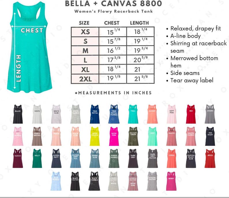 Puede incluir: Una camiseta sin mangas de espalda nadadora turquesa con una tabla de tallas y opciones de color. La tabla muestra las medidas de pecho y largo en pulgadas. La camiseta sin mangas tiene un ajuste holgado y un corte en A.