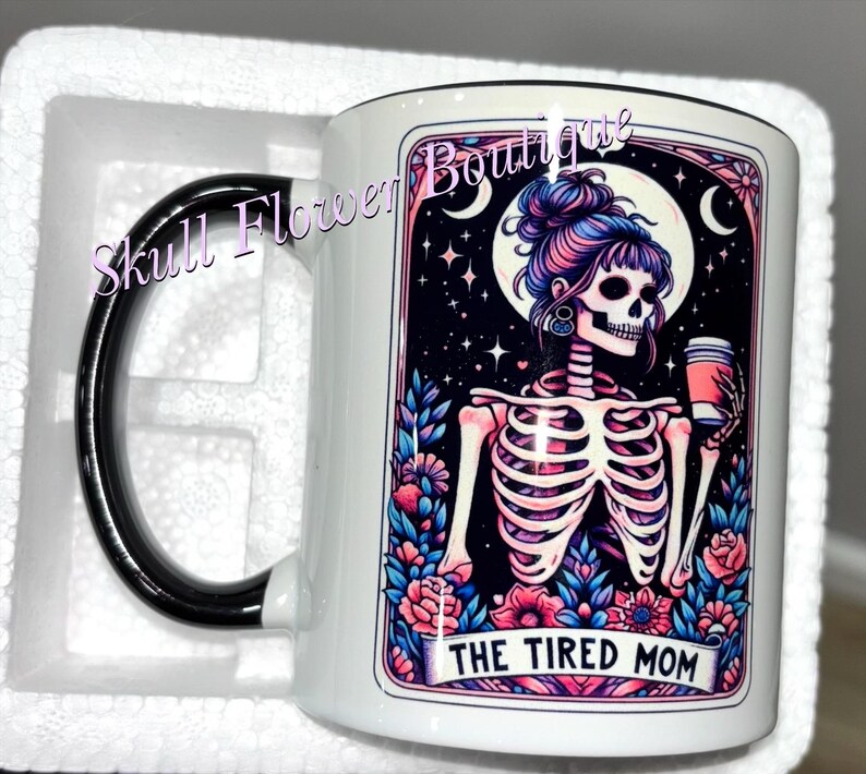 Skeleton mom mug, Tired mom mug, caffeine mom mug, custom Tera card mug, cute skeleton mom mug image 2