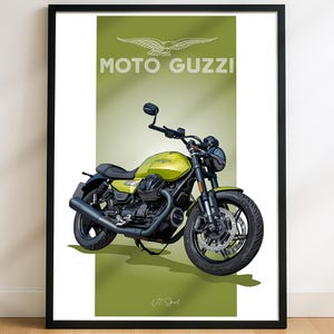 May include: A framed print featuring a lime green Moto Guzzi V7 Sport motorcycle. The motorcycle is set against a green backdrop with the Moto Guzzi logo and text. The print is in a black frame.