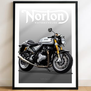 May include: Framed print featuring a silver and black Norton motorcycle. The motorcycle has gold suspension forks and a silver exhaust. The Norton Motorcycles logo is displayed in white at the top of the image.