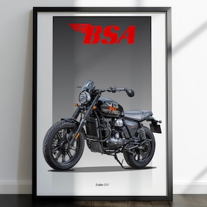Pode incluir: Impressão emoldurada de uma motocicleta BSA preta com o logotipo BSA em vermelho. A motocicleta tem uma estrutura, rodas e assento pretos. O fundo é um gradiente de cinza. O texto "Baton 650" está na parte inferior.