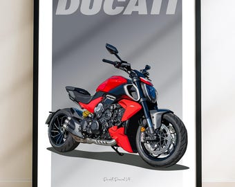Schizzo della moto Ducati Diavel V4 – Disegno digitale realizzato a mano. Uno schizzo unico per motociclisti e appassionati. (File digitale)