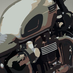 K&ouml;nnte beinhalten: Nahaufnahme eines Motorradmotors mit einem silbernen Tank. Der Motor ist schwarz mit silbernen Akzenten und hat ein geripptes Design. Der Tank hat einen schwarzen Deckel und einen silbernen Streifen.