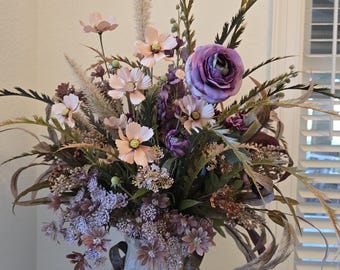 Artificial floral centerpiece, artificial flowers, autumn flowers, fall floral arrangement, lavender and mauve flowers, rustic floral decor