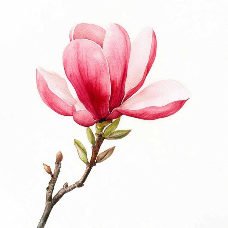 May include: A single pink magnolia flower with white edges blooms on a branch with green leaves. The flower is painted in watercolor on a white background.